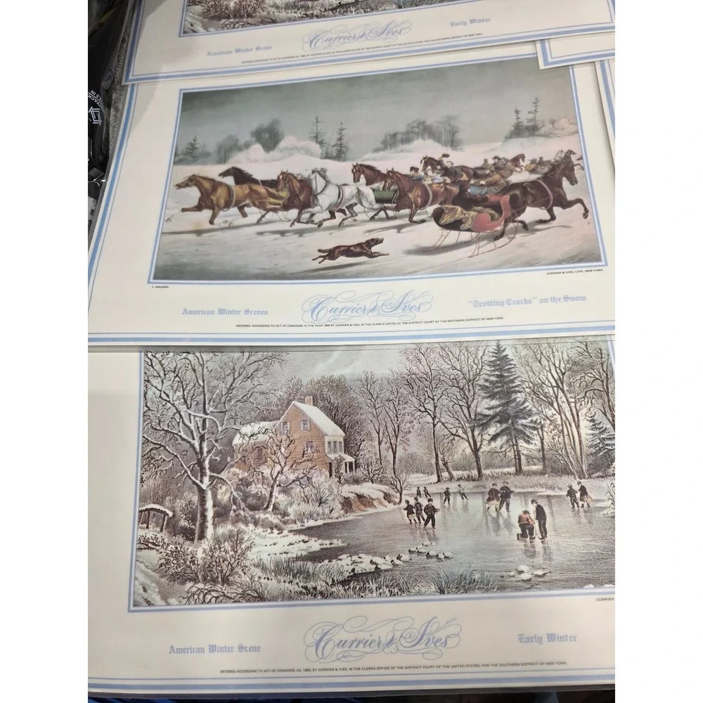 8 Vintage Christmas Placemats Winter Scene Holly‎ Candle Decor Currier & Ives